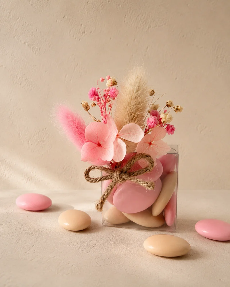 Contenant de dragées naissance rose poudré et fleurs séchées
